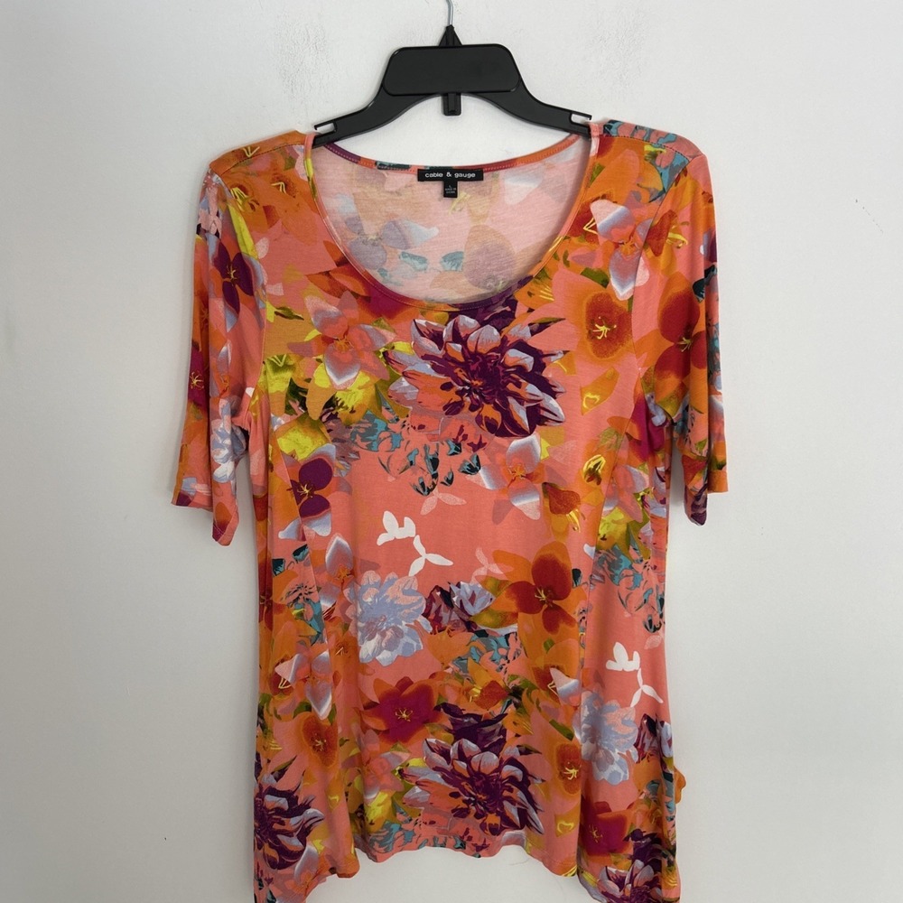 Cable & Gauge Sz L Peach Floral 3/4 Sleeve High Low Hemline Blouse Art To Wear